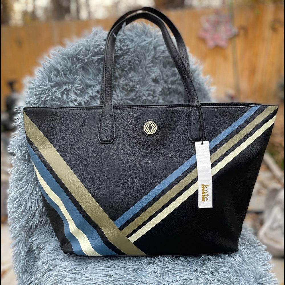 Kate Landry Tote Bag Purse Large Faux Leather Navy Blue Asymmetrical Pattern NEW